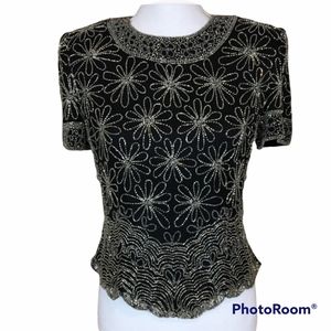 Papell Boutique Evening 100% Silk Beaded Top